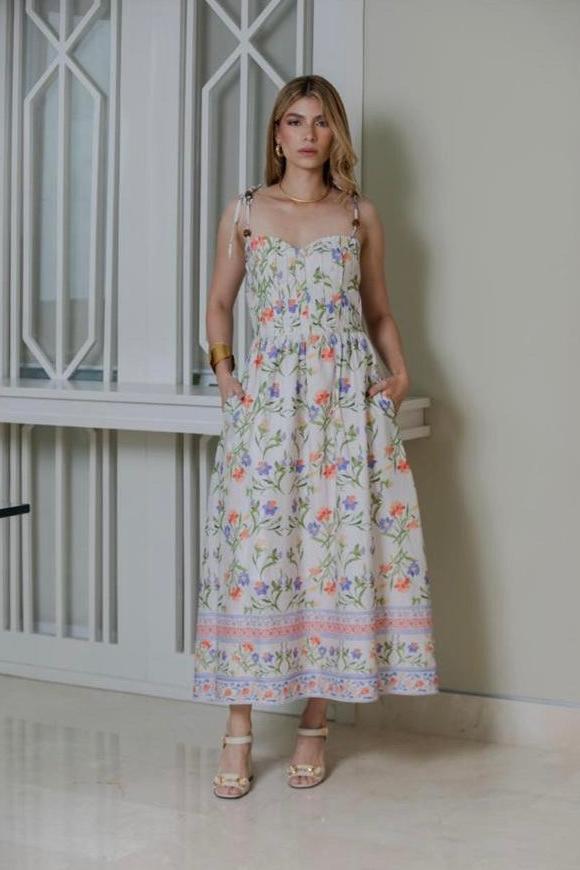 VESTIDO MIDI ALFORZAS FLORES